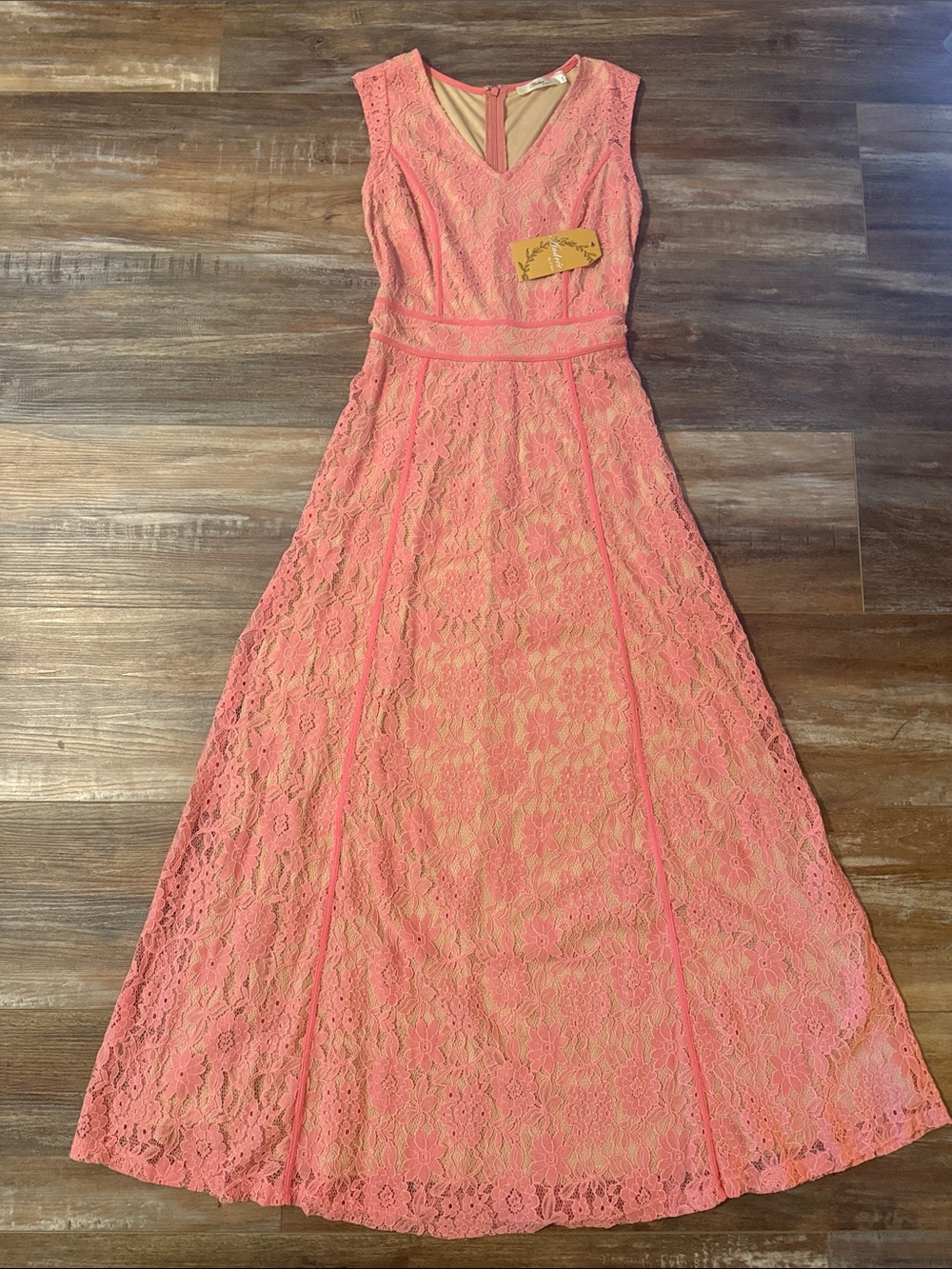 Sleeveless Coral Lace Maxi Dress with Waist Panels